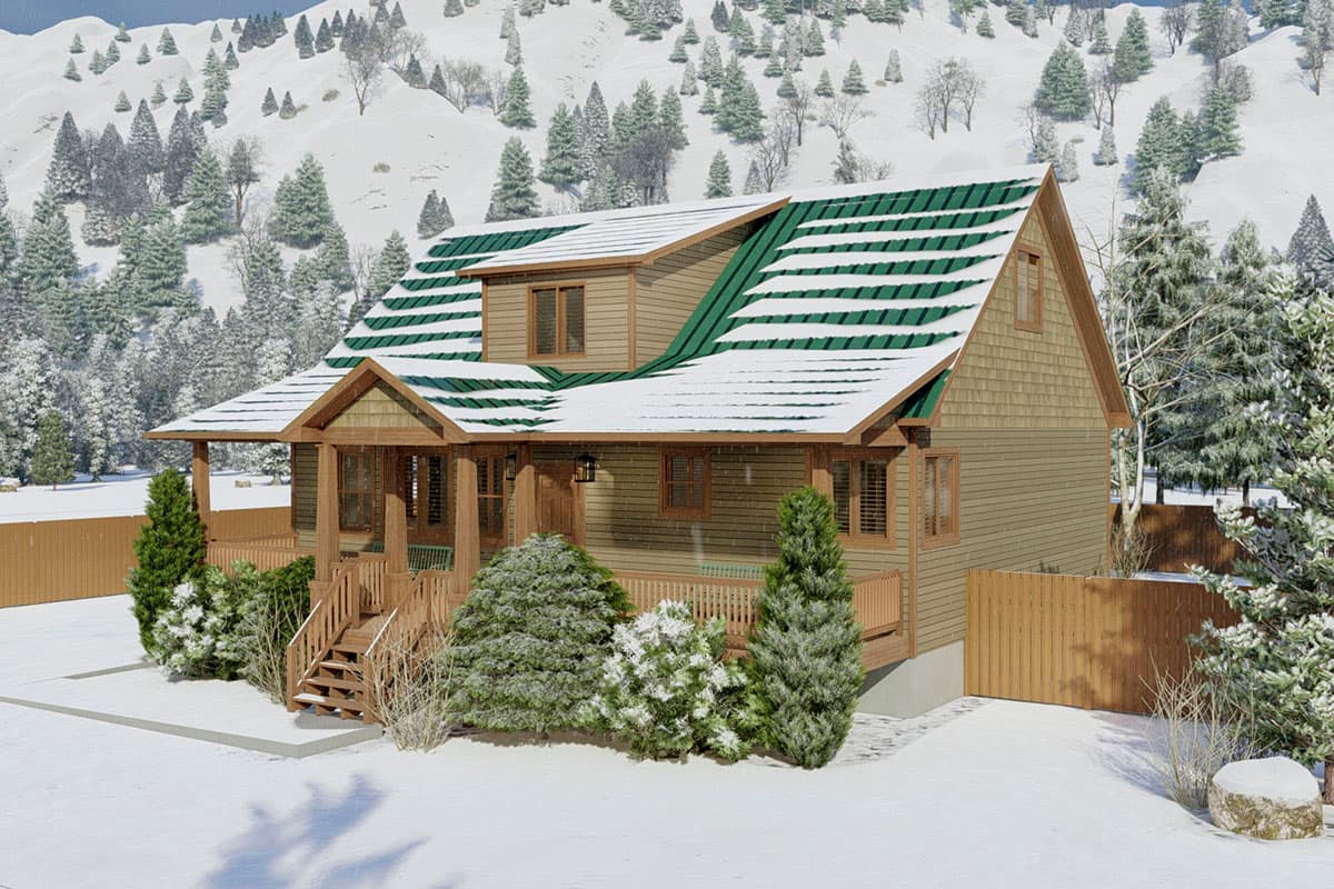 House plan exterior, two-story home with a covered porch, prominent gables, and a multi-plane roofline.