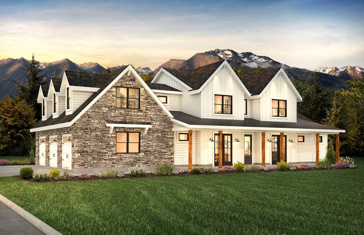 Modern Farmhouse house plan exterior with stone accent, three-car garage, gables, and covered porch with wood columns.