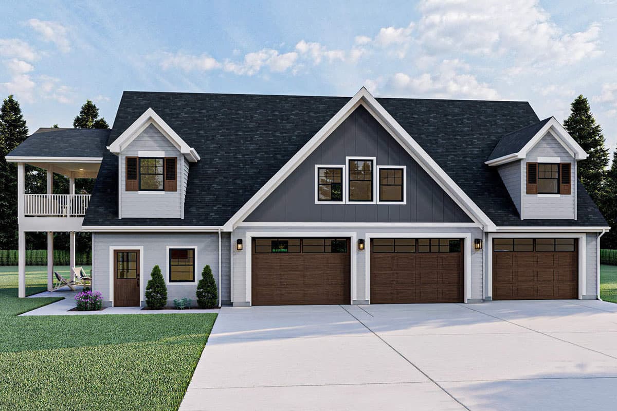 House plan exterior with Craftsman style, two stories, front-facing garage, and dormers. Features include a covered porch and gables.