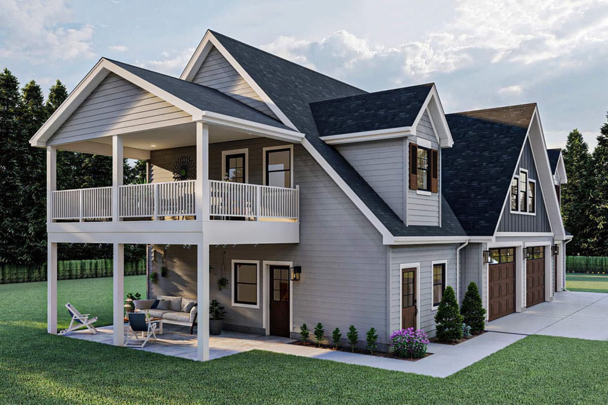 House plan exterior: A two-story Modern Farmhouse with a covered second-story balcony, multiple gables, and a three-car garage.