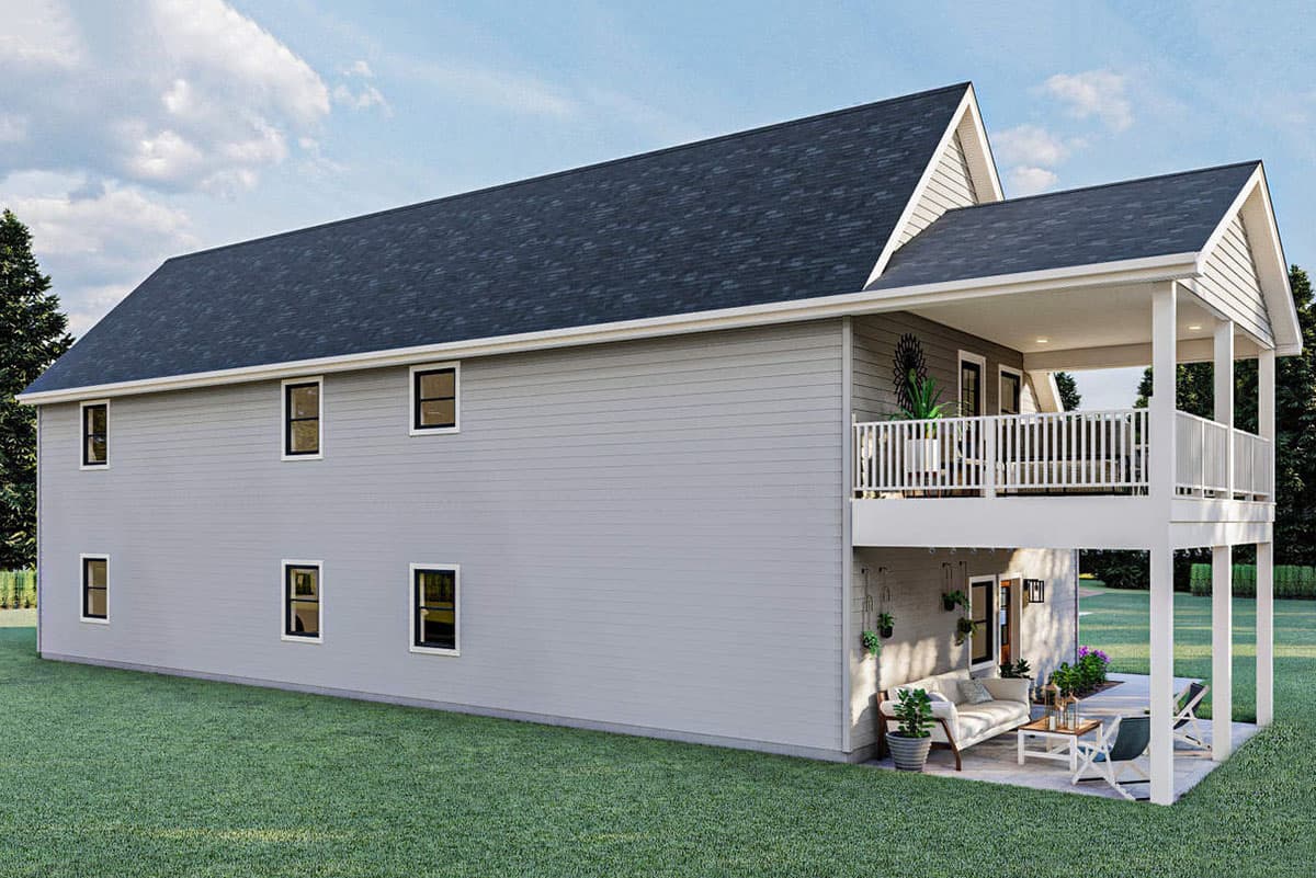 House plan exterior: Two-story home with a gabled roof, second-floor balcony, and lower-level covered patio.