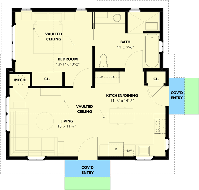 Plan 871006NST: Rustic Wheelchair Accessible Shingle Cottage - 681 Sq Ft - Floor Plan - Main Level - Cabin, Coastal, Cottage, Country, Rustic, Shingle, Vacation