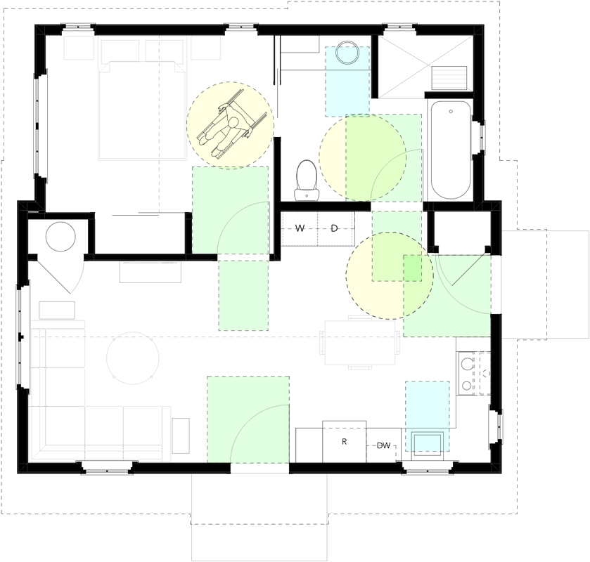 Plan 871006NST: Rustic Wheelchair Accessible Shingle Cottage - 681 Sq Ft - Floor Plan - Wheelchair Accessibility Details - Cabin, Coastal, Cottage, Country, Rustic, Shingle, Vacation