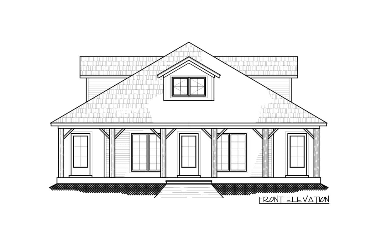 Front elevation drawing of a two-story house plan with a covered porch, dormer window, and gabled roof.