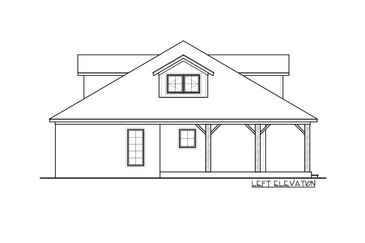 Left elevation drawing of a two-story house plan with a gabled dormer and covered porch with timber supports.