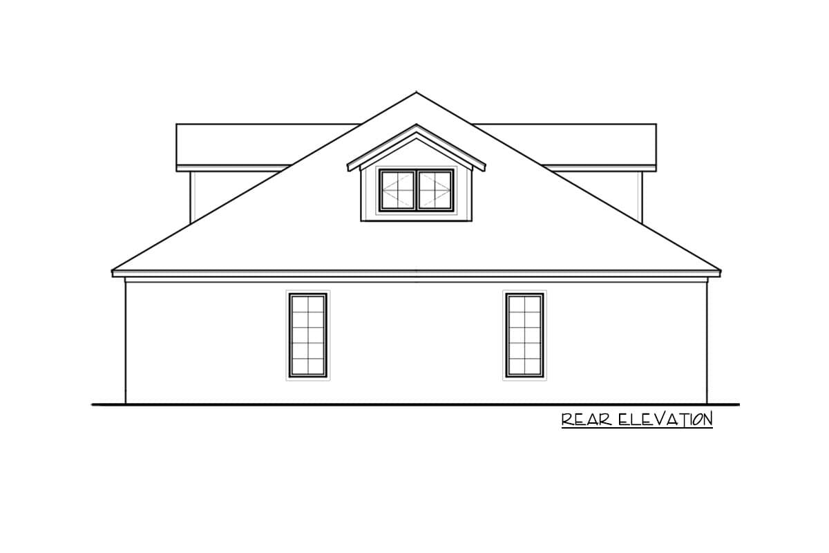 Rear elevation drawing of a house plan with a prominent gable-dormer featuring multi-pane windows.