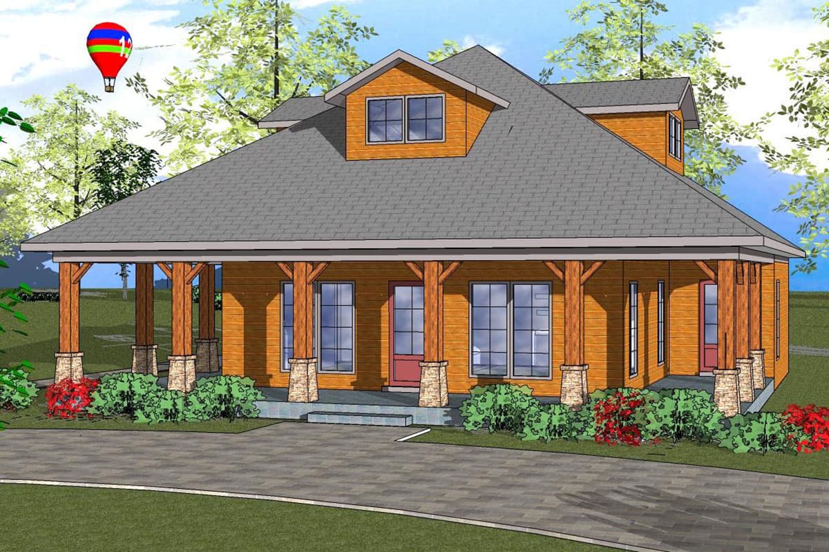 House plan exterior. Ranch-style home with one story, covered porch with timber supports, and a dormer. Features a gabled roof.