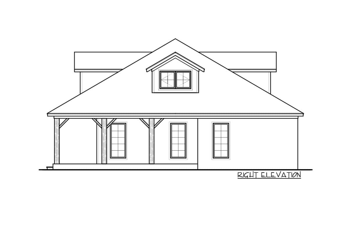 Right elevation house plan with covered porch, multiple windows, and dormer with windows.