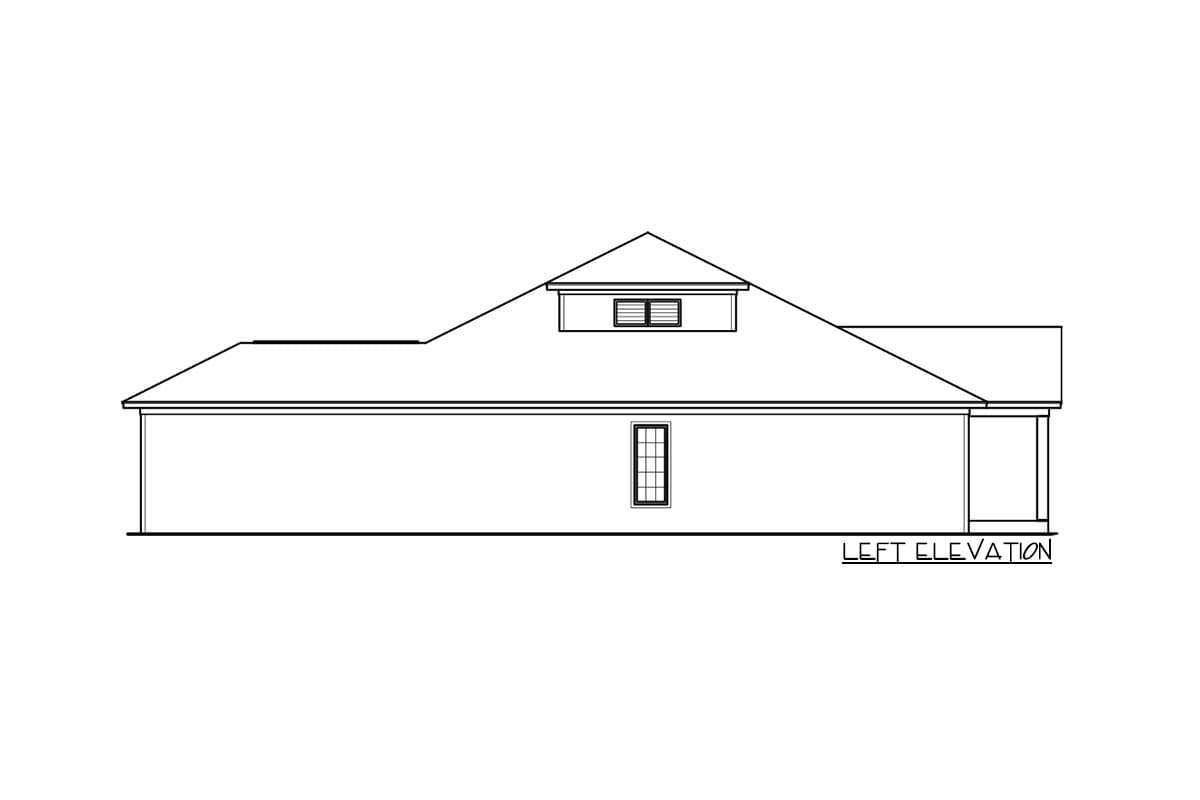 Left elevation drawing of a one-story house plan with a dormer, a prominent roofline, and one window.