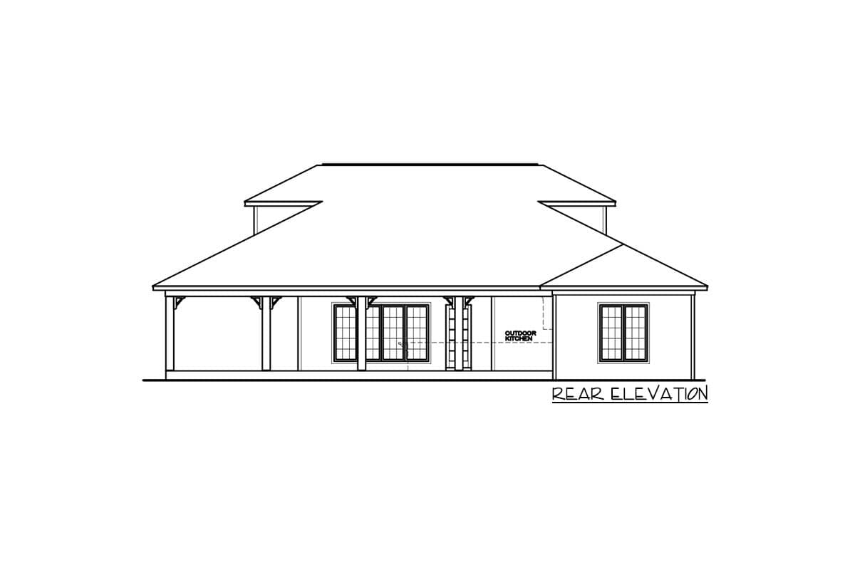 Rear elevation of a two-story house plan featuring a covered porch, French doors, and an outdoor kitchen.