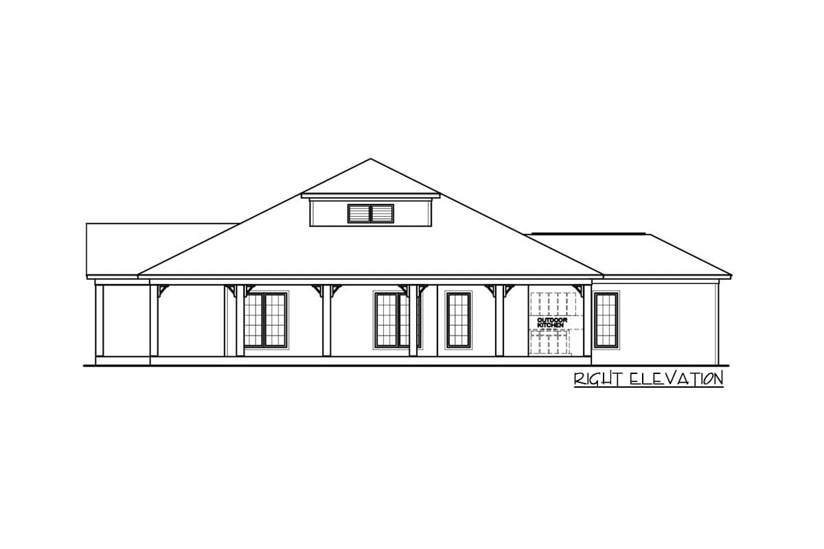 Right elevation drawing of a house plan with a covered porch, dormer, and outdoor kitchen.
