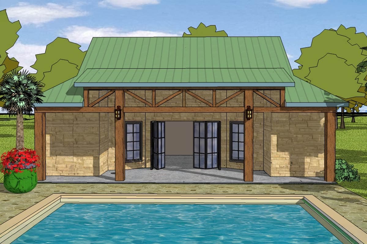 House plan exterior with stone veneer, exposed timber framing, and a green metal roof. Features include large windows and a pool.