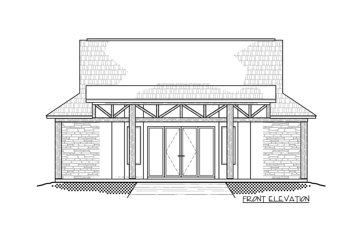 Front elevation drawing of a house plan with stone veneer, double doors, exposed beam portico, and multi-level roof.