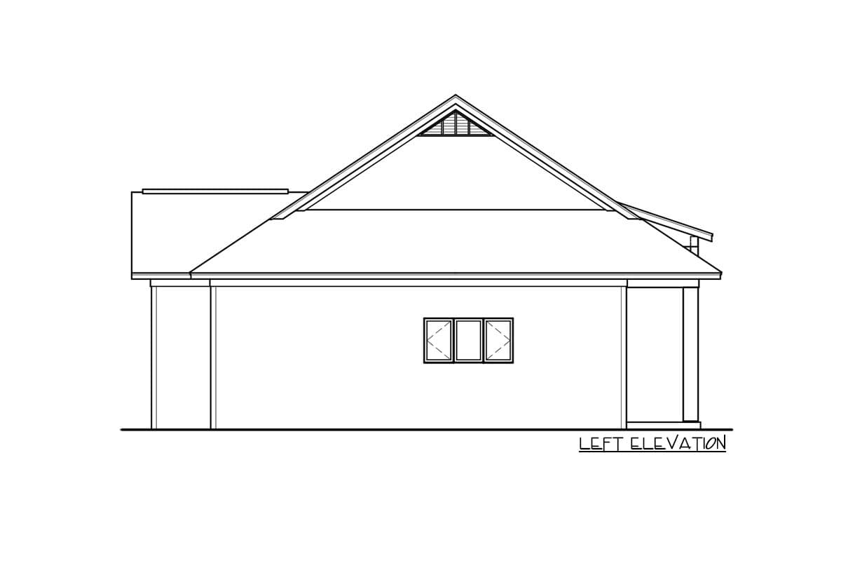 Left elevation house plan showing a simple gable roof with a vent, three windows, and two columned entry points.