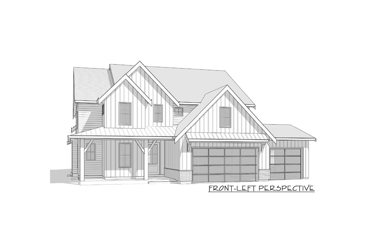 House plan exterior: Two-story Modern Farmhouse with a covered porch, gables, and a side-facing garage.