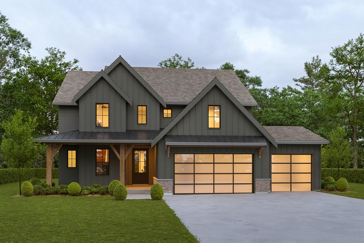 House plan exterior with a Modern Farmhouse style. Features a two-story structure, gabled roof, a covered porch, and a side-entry garage.