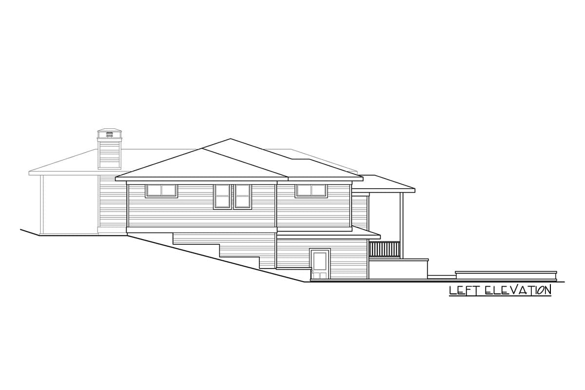 Left elevation house plan shows a two-story home with siding, a prominent chimney, and a covered porch.