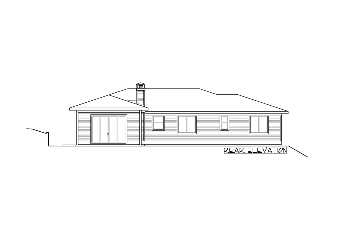 Rear elevation drawing of a ranch-style house plan with a chimney, double doors, and multiple windows.