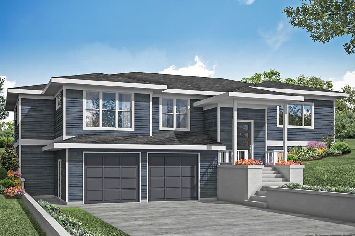 House plan exterior. Two-story Modern house with a covered porch, two-car garage, and flat roofline.