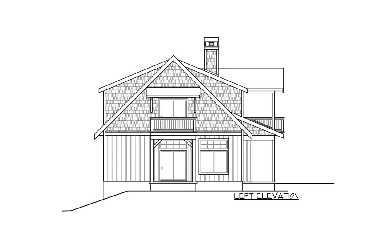 Left elevation drawing of a two-story house plan with a prominent gable, dormer, covered balcony, and chimney.