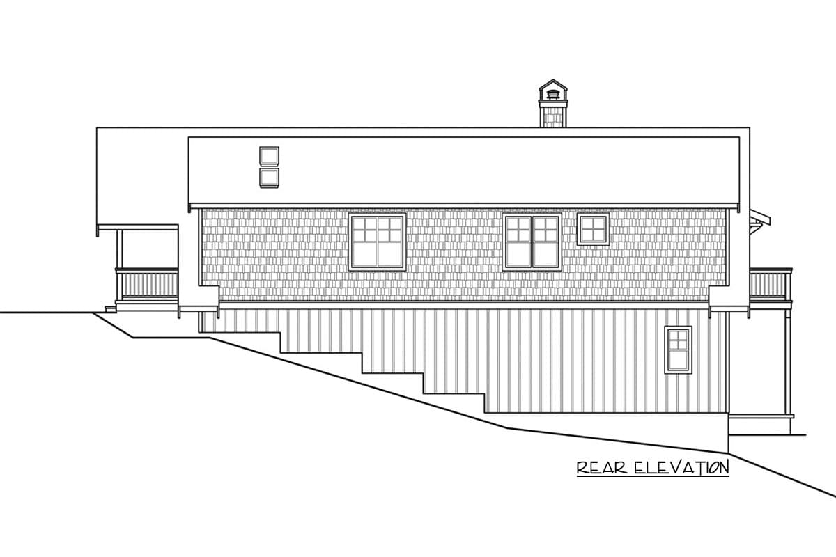 Rear elevation of a house plan featuring shingled siding, multiple windows, a porch, and a sloped foundation.