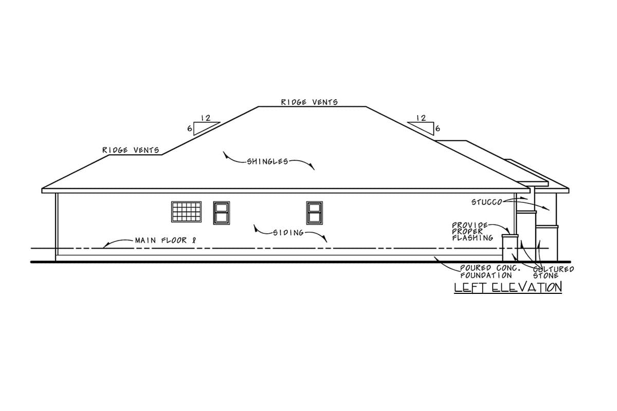 Left elevation drawing of a single-story house plan with shingled roof, ridge vents, siding, stucco, and cultured stone.