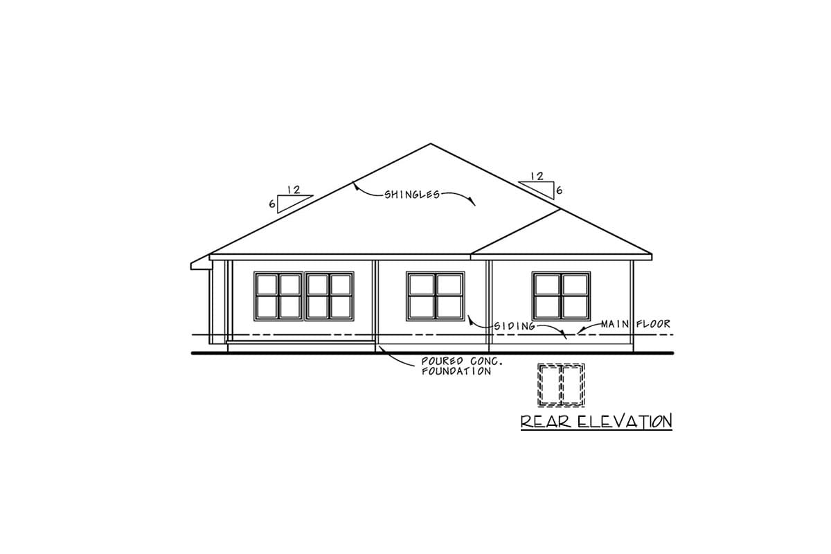 Rear elevation drawing of a single-story house plan with gable roof, multiple windows, and siding detail.