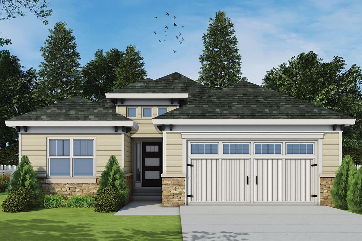 House plan exterior. Craftsman style, single-story home with gables, a covered entry, and a two-car garage.