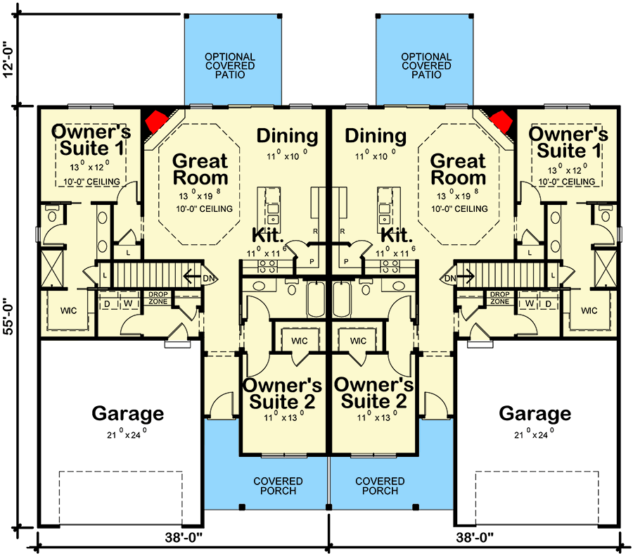 Plan 42649DB: Duplex House Plan with Two Owner's Suites - Floor Plan - Main Level - Craftsman, New American, Ranch