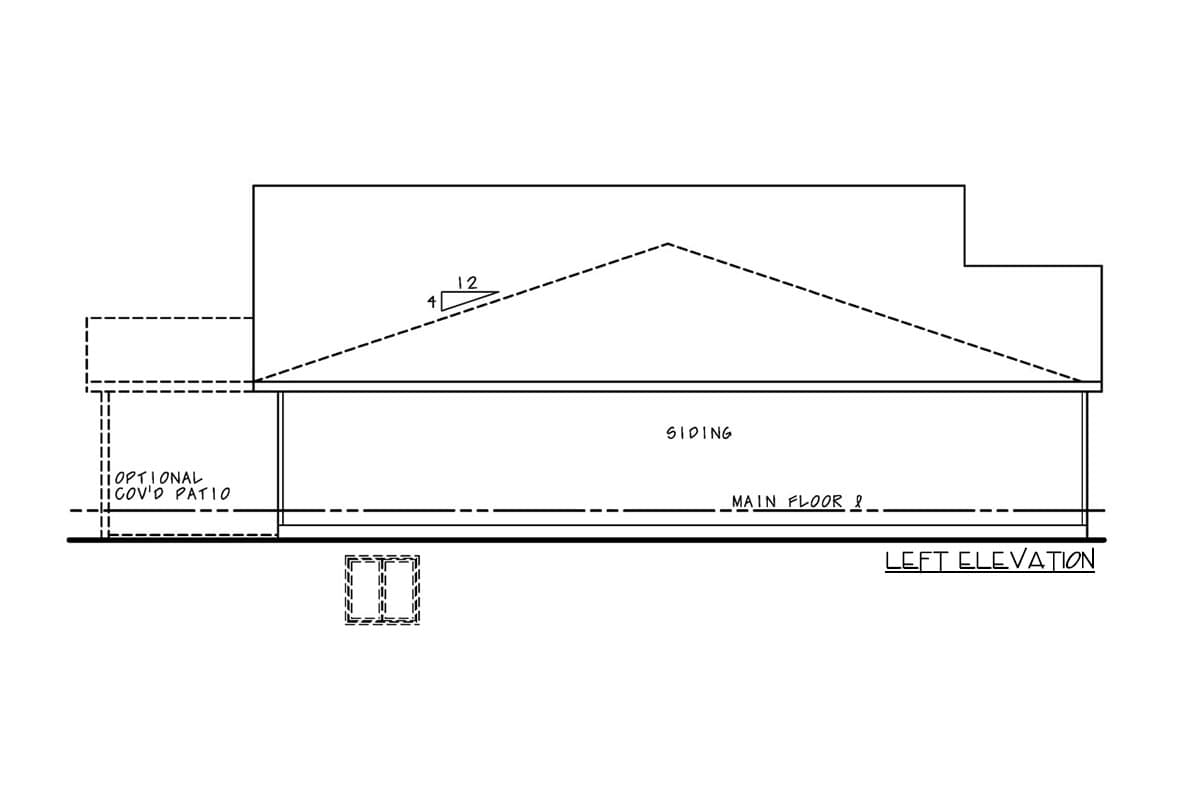 Left elevation drawing of house plan with siding, main floor, and optional covered patio.