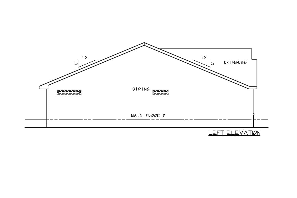 Left elevation drawing of house plan with gable roof, siding, and two vents.