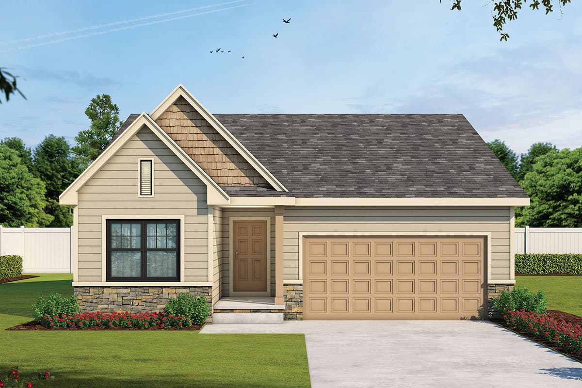 House plan exterior. Craftsman style, single story. Features include a gable roof, shake siding, and an attached two-car garage.