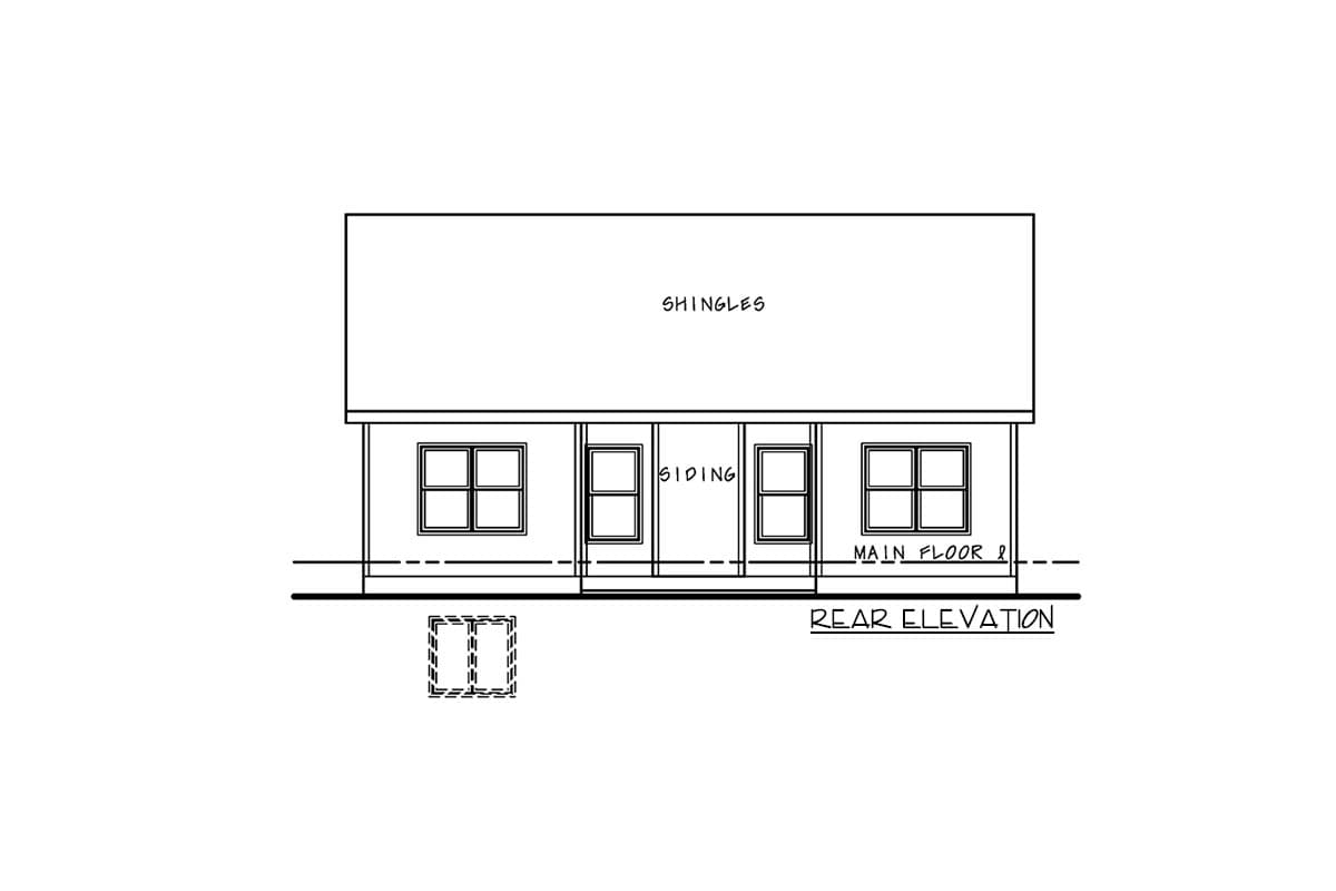 Rear elevation drawing for house plan. Features a gabled roof, siding, and four windows.