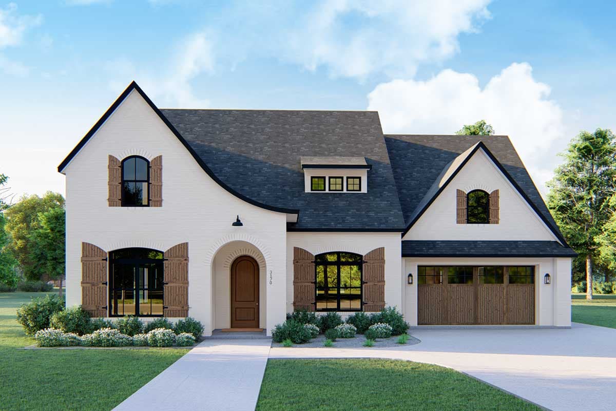 House plan exterior featuring a two-story design with arched doorway, gabled roof, and arched windows. Includes a garage with wooden doors.