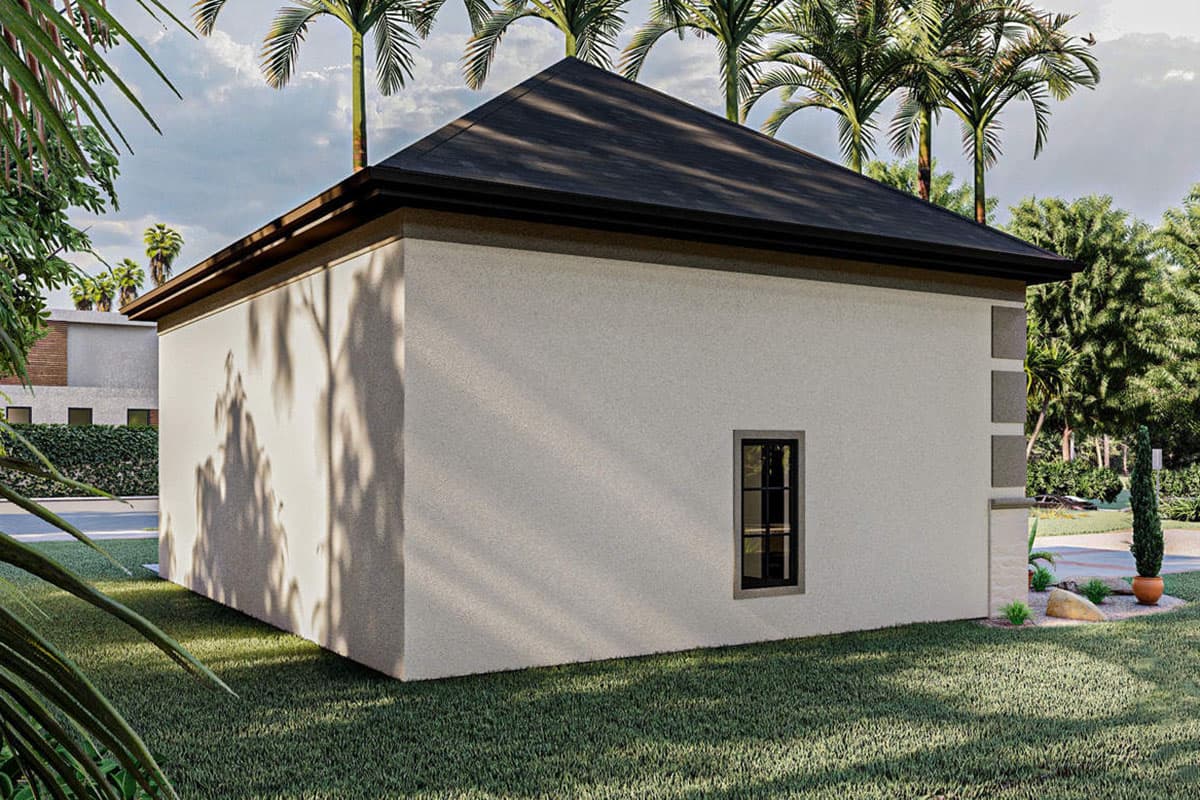 House plan exterior, single story, hip roof, stucco finish, and one rectangular window.