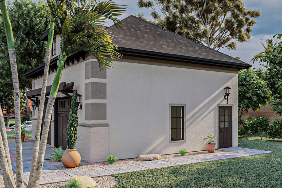House plan exterior with a stucco finish, dark wood garage door, single-pane windows, and hip roof.