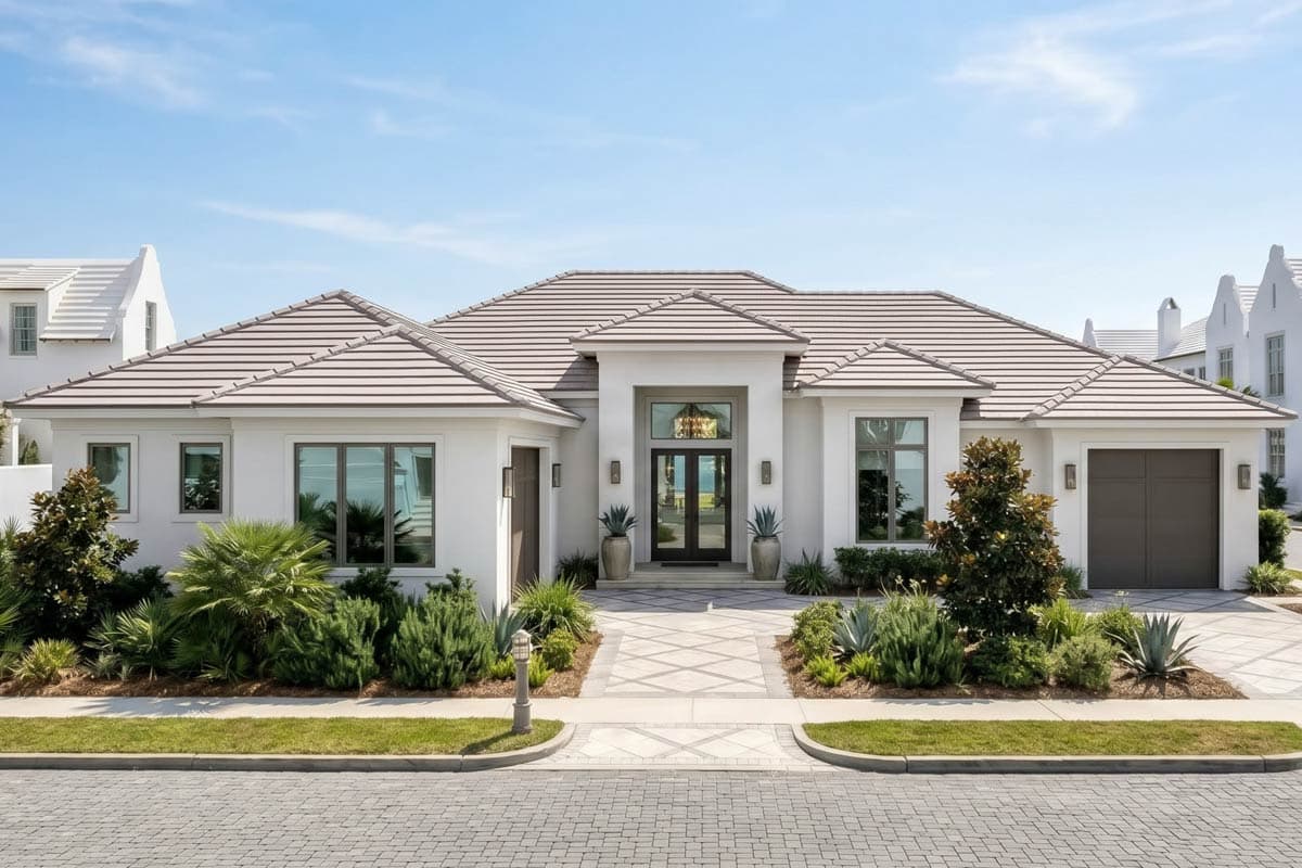 House plan exterior with stucco siding, two-car garage, and a low-pitched roof. Features include black-trimmed windows and an arched entryway.