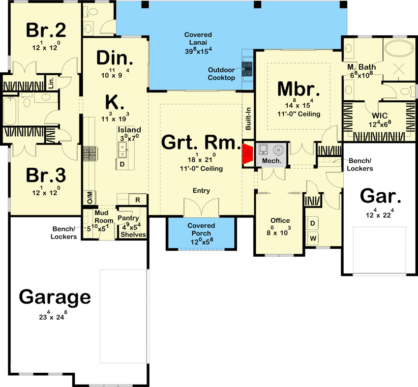 Plan 62913DJ: 3-Bed Mediterranean-style House Plan with Home Office - Floor Plan - Main Level - European, Mediterranean, Ranch, Southern, Transitional