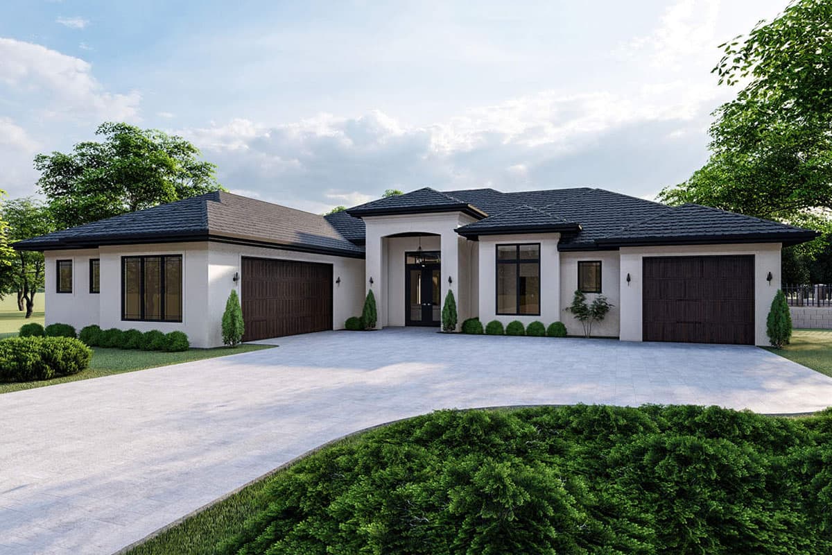 House plan exterior with stucco siding, two-car garage, and a low-pitched roof. Features include black-trimmed windows and an arched entryway.