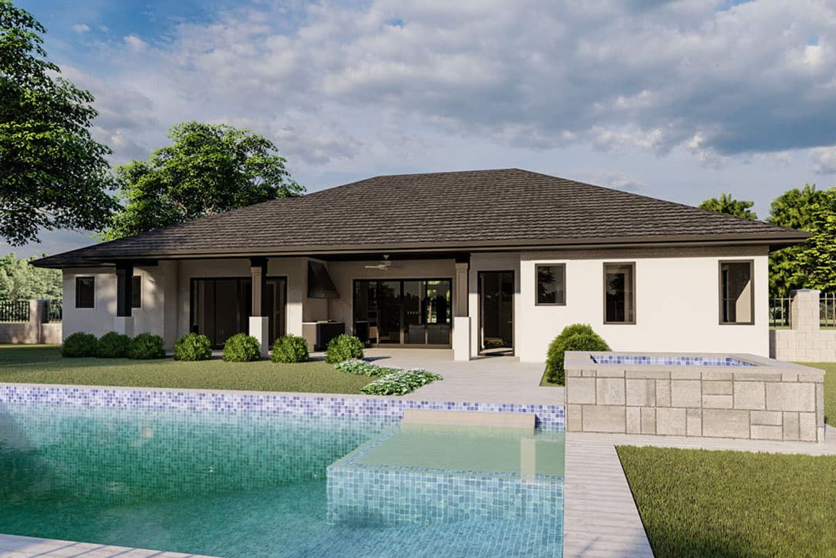 House plan exterior: single-story modern design with covered patio, outdoor kitchen, and pool.