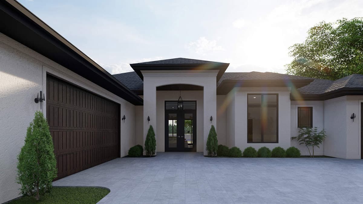 House plan exterior: Modern single-story with a covered entryway, double garage door, and stucco finish.