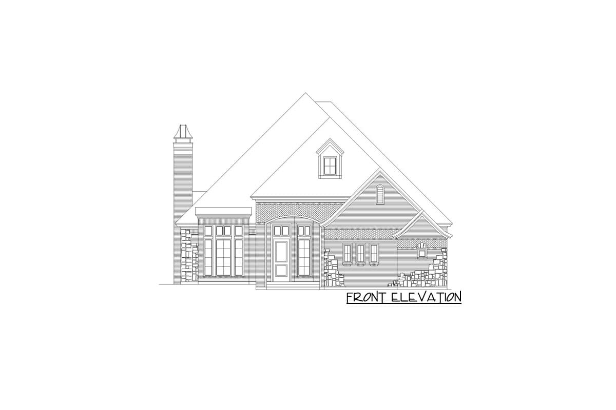 Front elevation drawing of a house plan featuring a prominent chimney, gabled dormer, and stone accents.