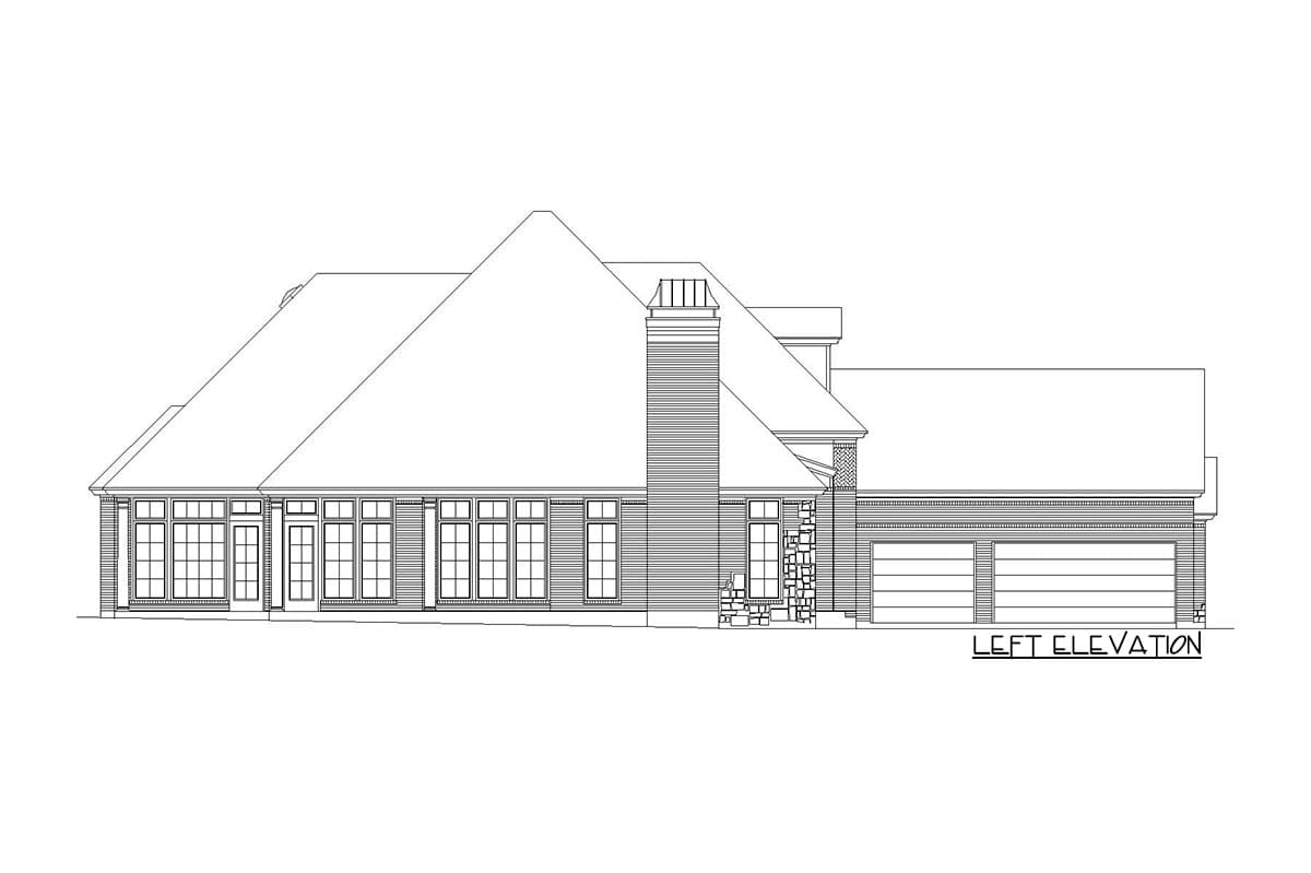 Left elevation drawing of a house plan with a large gable roof, prominent chimney, and attached two-car garage.