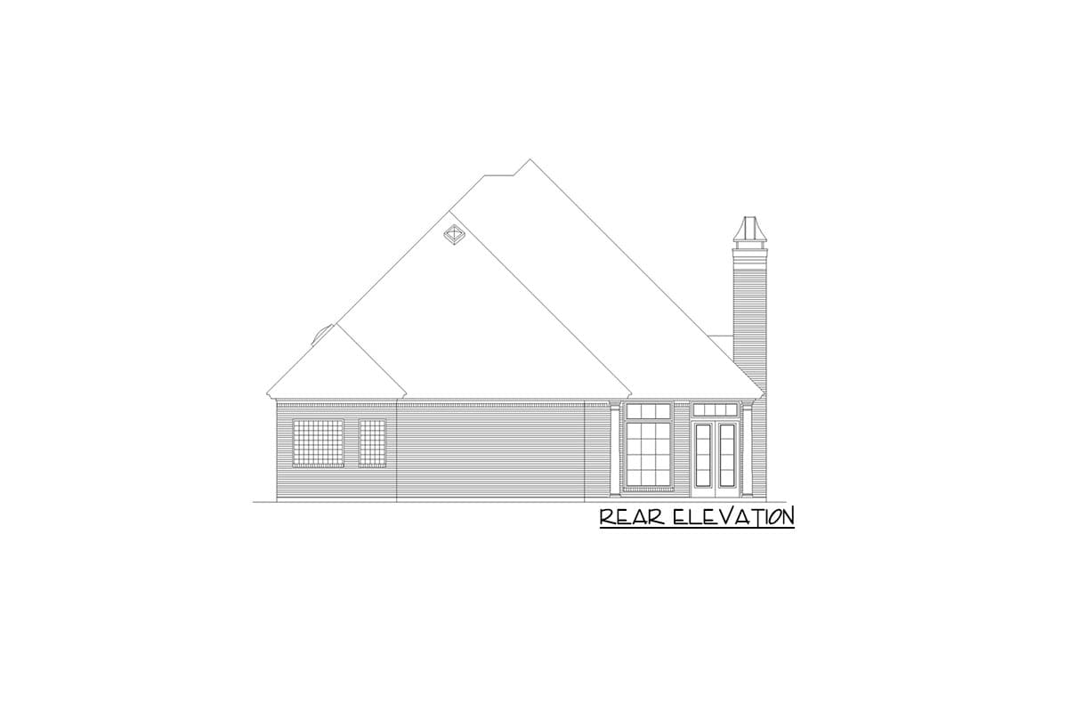 Rear elevation of a house plan showing a side-gabled roof, large windows, double doors, and a brick chimney.