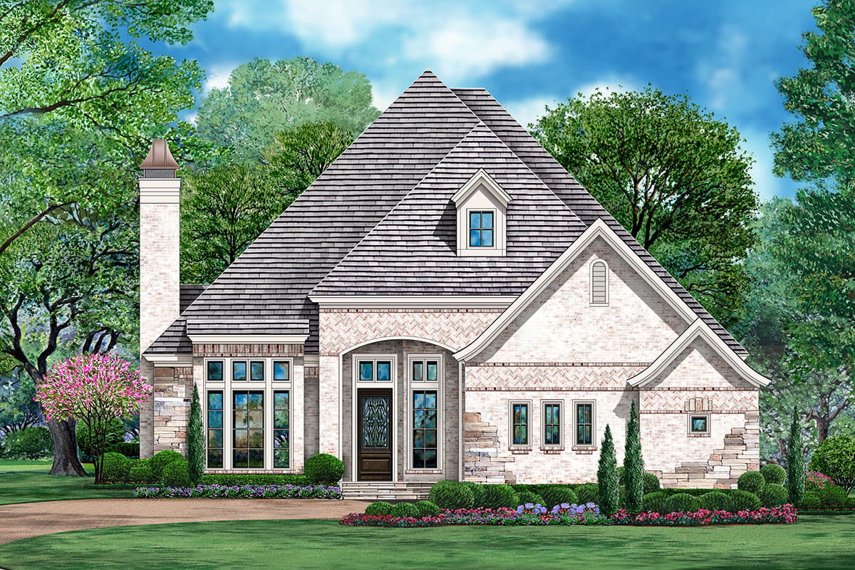House plan exterior. Two-story brick home with a gable roof, dormer, and chimney. Features include a front entry with arched detail and large windows.