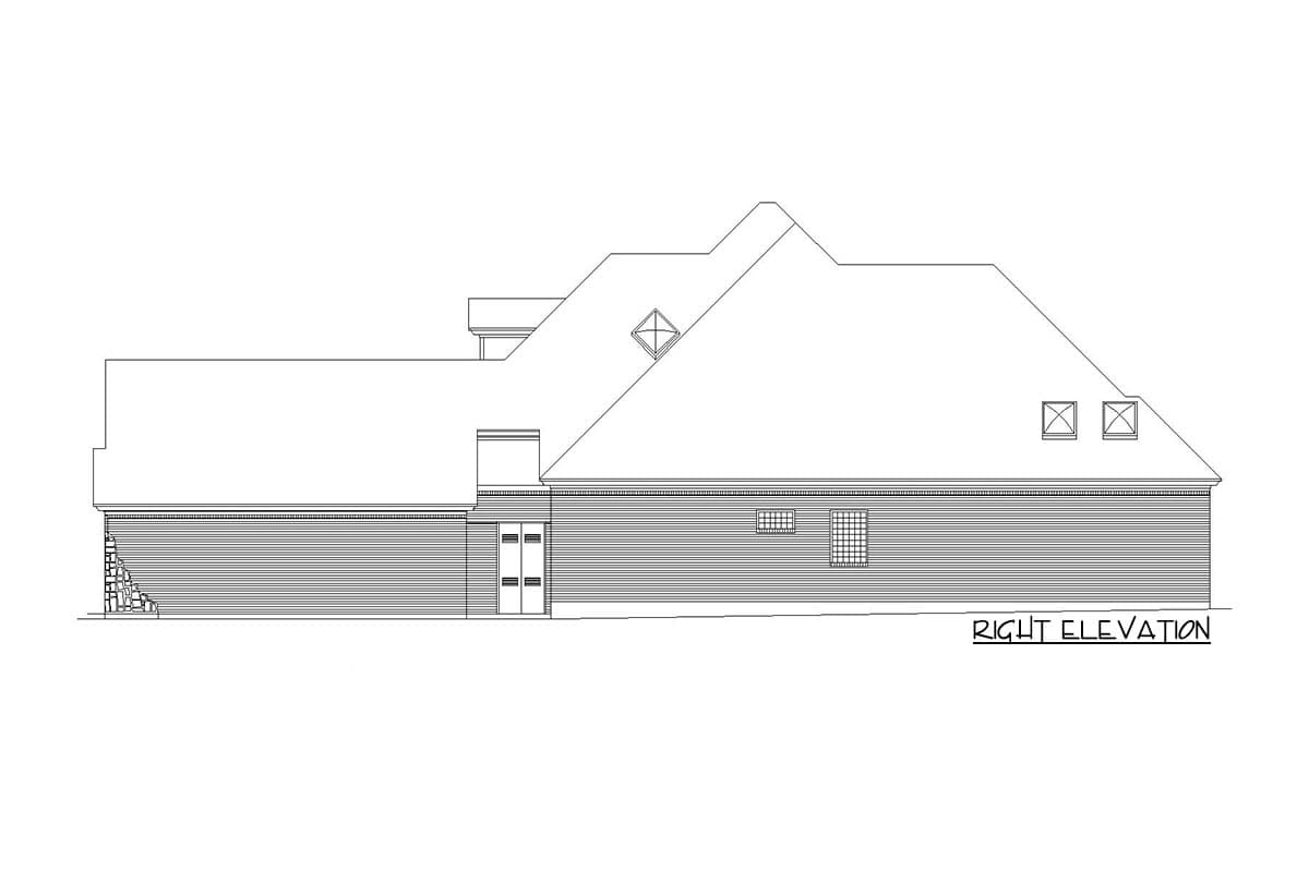 Right elevation house plan showing horizontal siding, a dormer, and a peaked roofline.