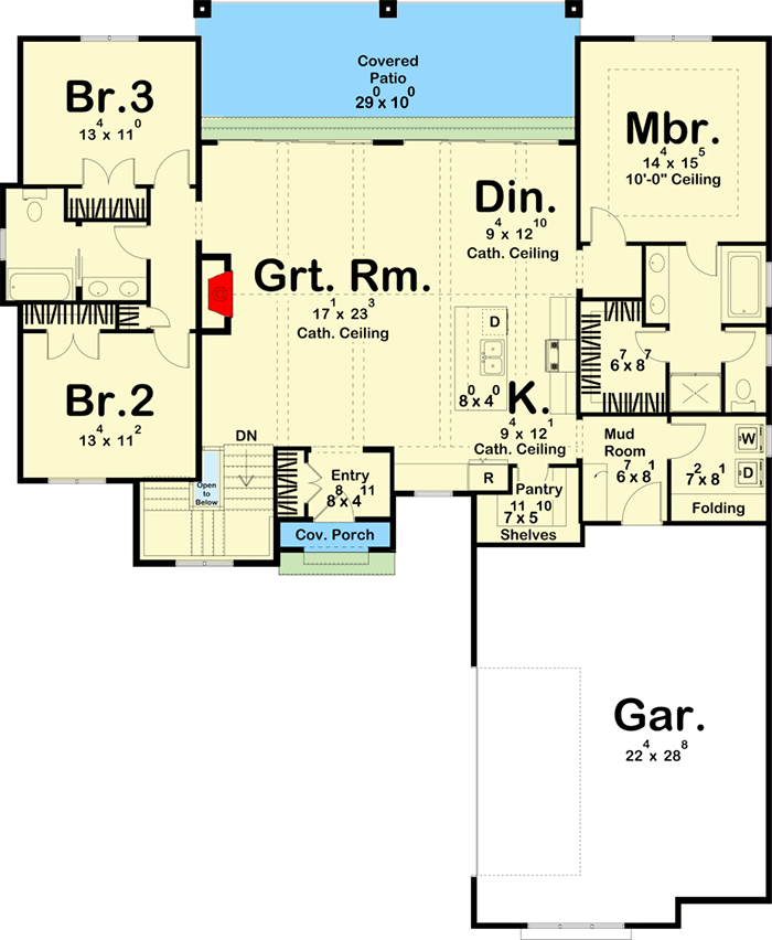 Plan 62914DJ: 3-Bed Modern Cottage House Plan with Large Rear Covered Patio - 1958 Sq Ft - Floor Plan - Main Level - Cottage, European, Traditional, Transitional
