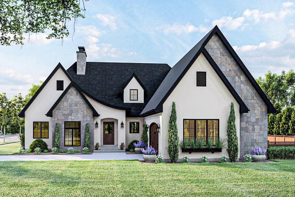 House plan exterior featuring a two-story design with a steeply pitched roof, stone accents, and a front entry porch.