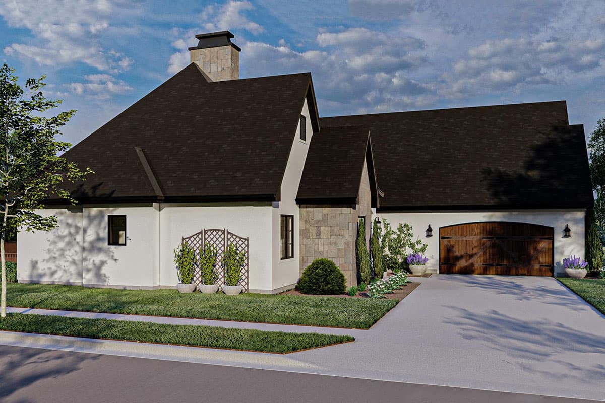 House plan exterior: two-story, dark asphalt shingle roof, prominent stone chimney, and a wooden carriage garage door.