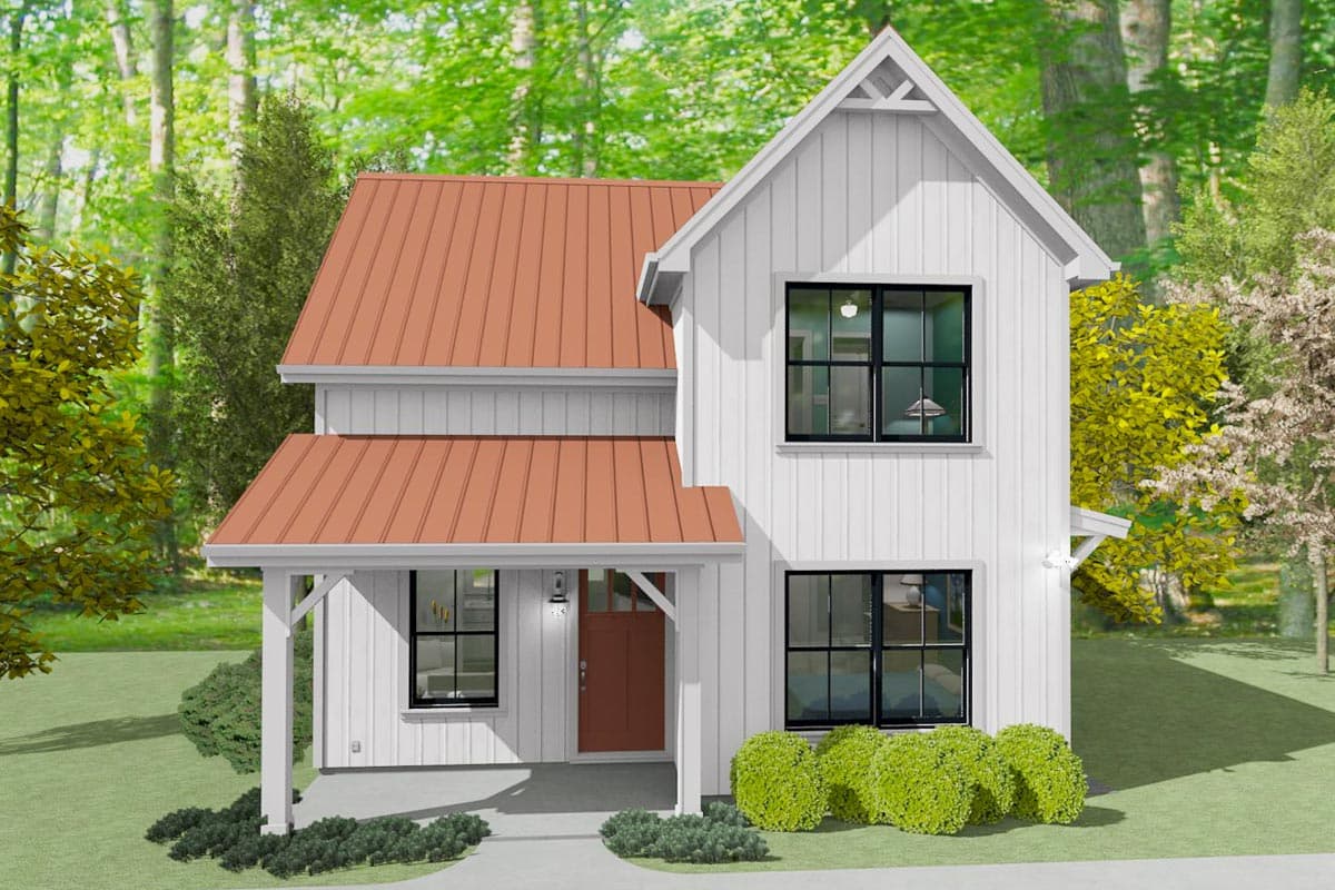 House plan exterior. Two-story farmhouse with a gabled roof, a front porch, and black-framed windows. Includes metal roofing and vertical siding.